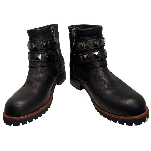 KLR Black Leather Boots Womens Sz 9 Moto Combat Side Zip Removeable Stud Straps - Picture 9 of 13